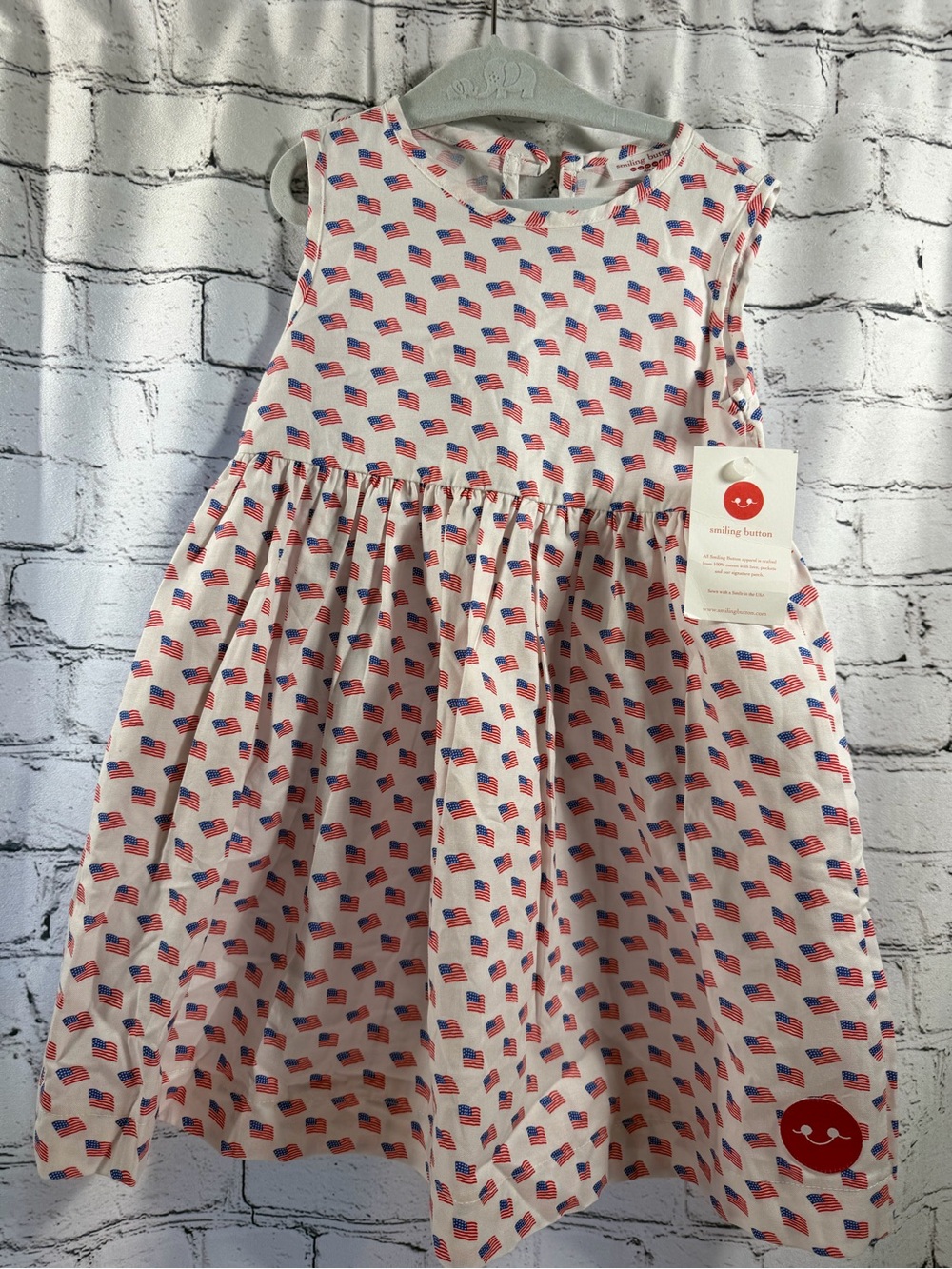 Smiling Button NWT Girls' Pinny White Dress with American Flag Print